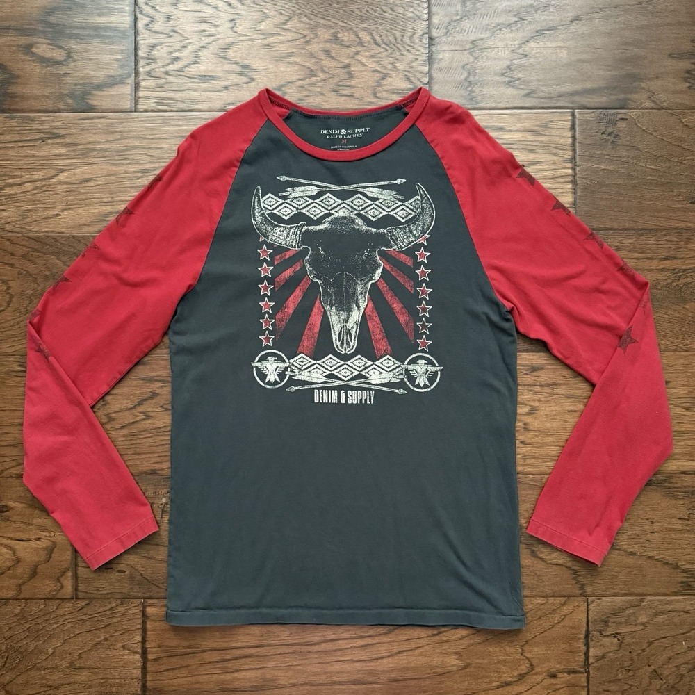Denim & Supply Ralph Lauren Cotton Raglan Bull Skull Graphic Western Tee Size M